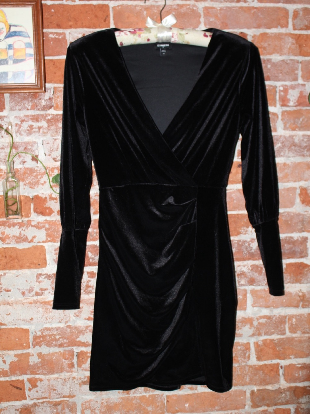 Express Black Velvet Long Sleeve Wrap Dress